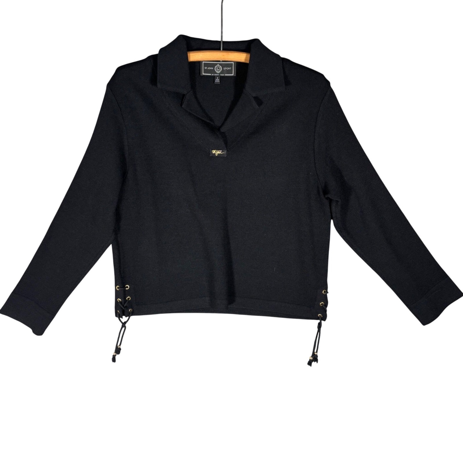 Vintage St John Sport By Marie Gray Cropped Knit Sweater Size P Black Wool Rayon